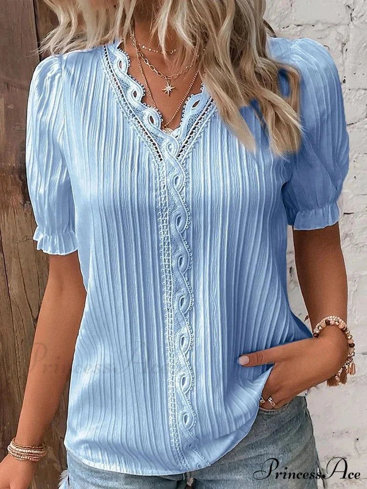 Strong Attractive Plunge Neck Join Short Sleeve Blouse