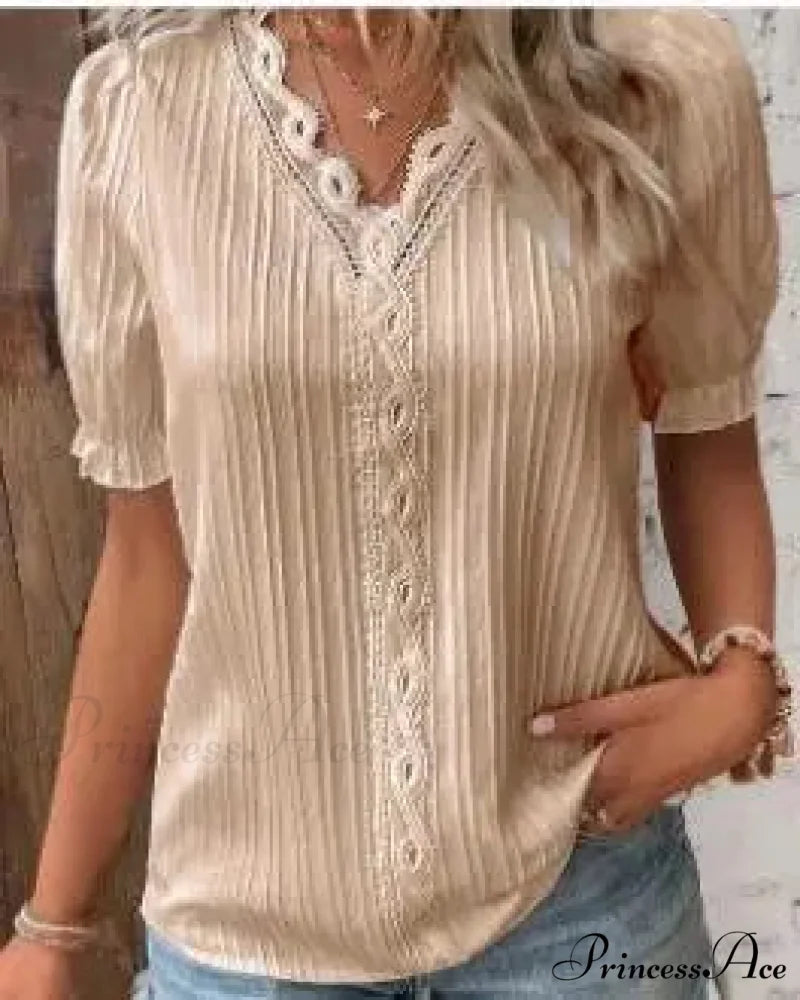 Strong Attractive Plunge Neck Join Short Sleeve Blouse