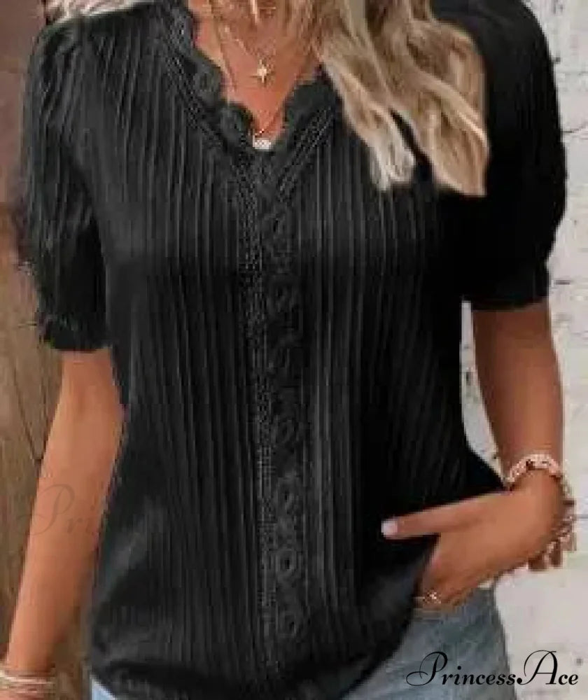 Strong Attractive Plunge Neck Join Short Sleeve Blouse