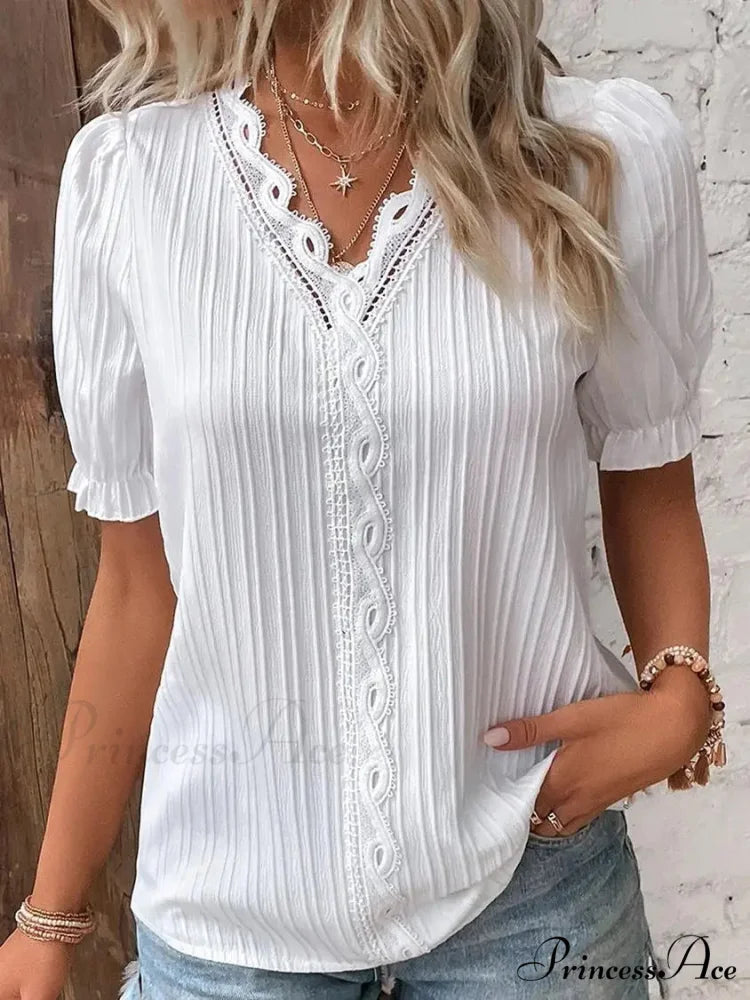Strong Attractive Plunge Neck Join Short Sleeve Blouse