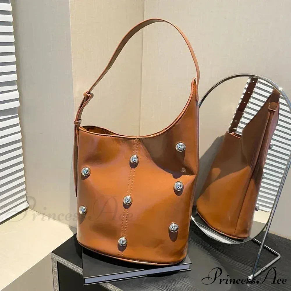 Stud Synthetic Leather Pail Shoulder Bag 2025