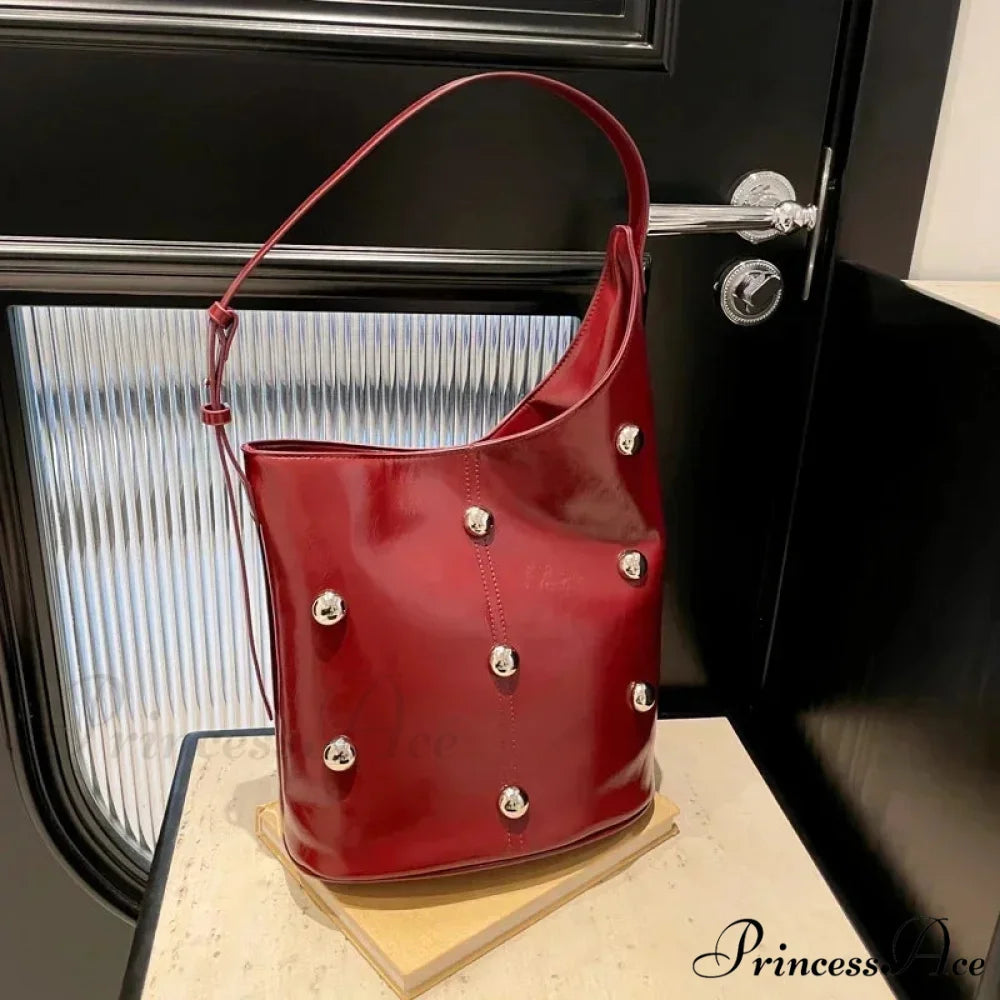 Stud Synthetic Leather Pail Shoulder Bag 2025