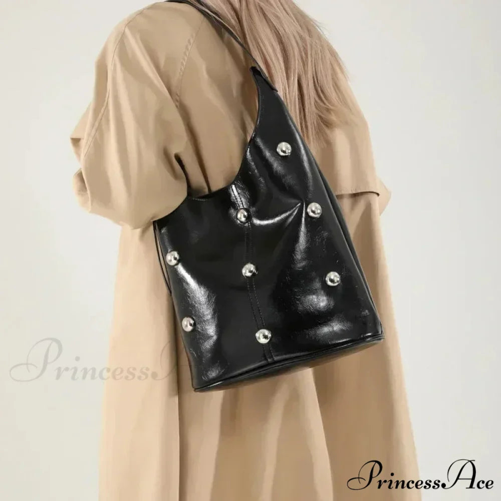 Stud Synthetic Leather Pail Shoulder Bag 2025