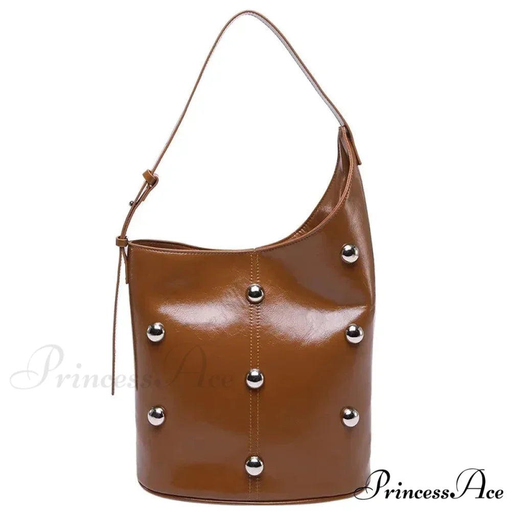 Stud Synthetic Leather Pail Shoulder Bag 2025