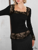 Sturdy Lace Trim Narrow Square Neck Long Sleeve Knit Top