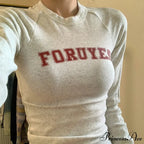 Stylish 2000s Letter Print Ribbed Long Sleeve Knit Top