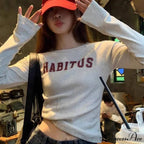 Stylish 2000s Letter Print Ribbed Long Sleeve Knit Top