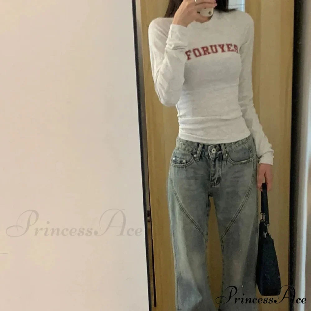 Stylish 2000s Letter Print Ribbed Long Sleeve Knit Top