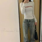 Stylish 2000s Letter Print Ribbed Long Sleeve Knit Top