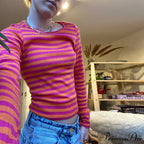 Stylish 2000s Striped Ribbed Knitted Crop Long Sleeve Knit Top