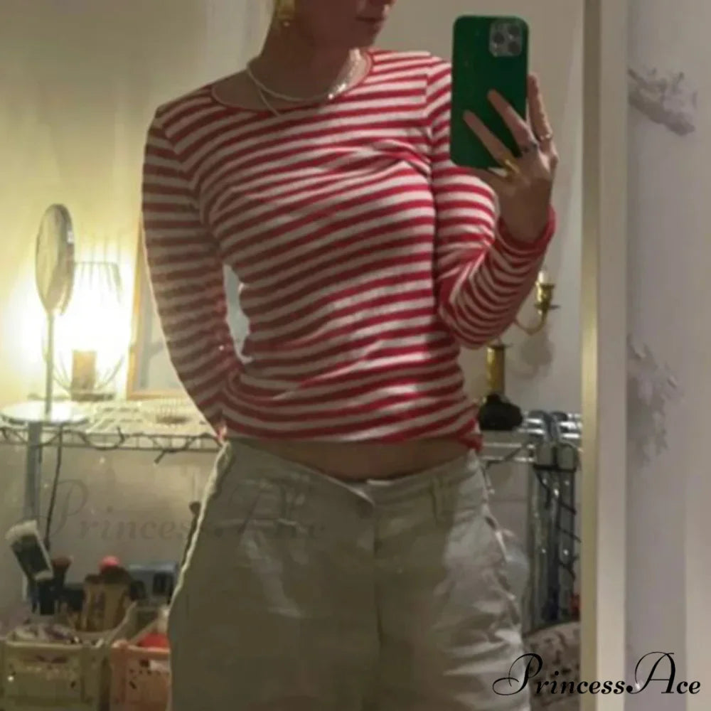 Stylish 2000s Striped Ribbed Knitted Crop Long Sleeve Knit Top