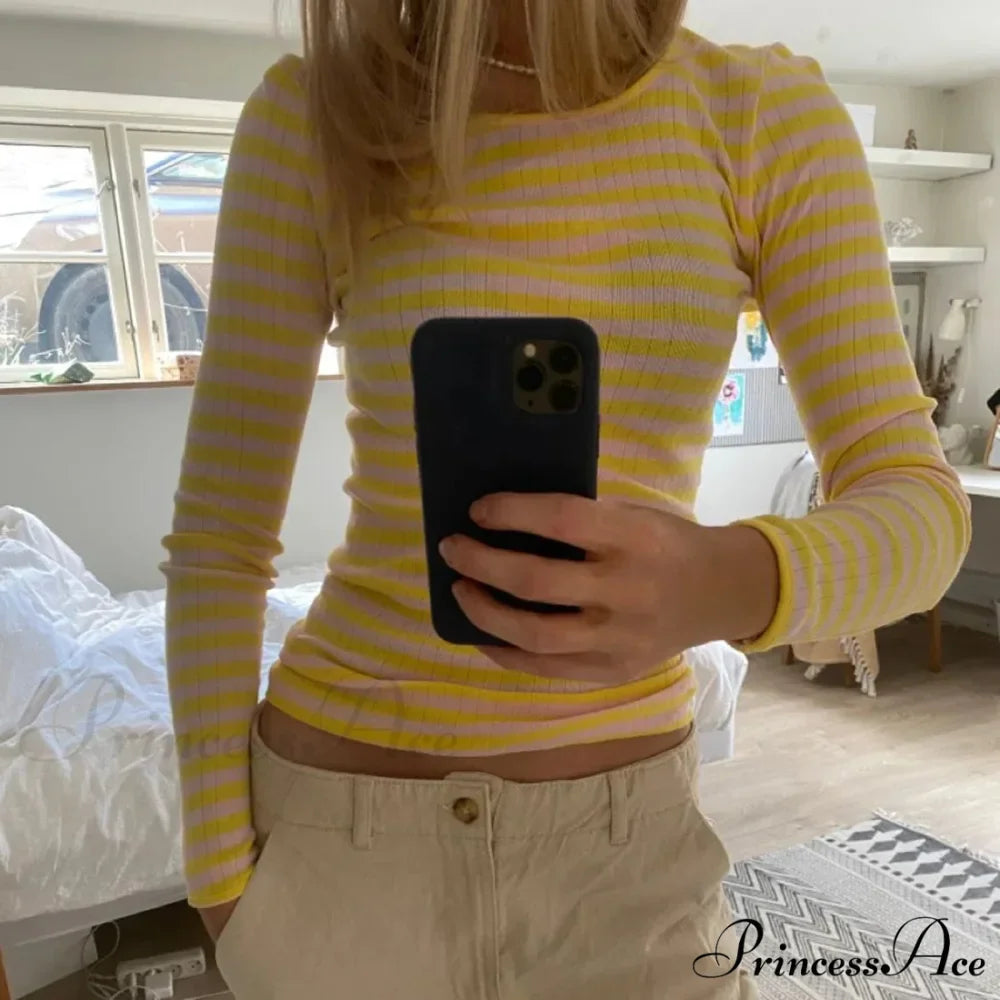 Stylish 2000s Striped Ribbed Knitted Crop Long Sleeve Knit Top