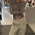 Stylish 2000s Striped Ribbed Knitted Crop Long Sleeve Knit Top