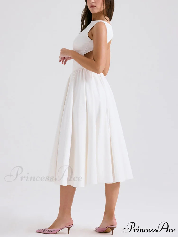 Stylish And Elegant Solid Color Trendy Round Neck Backless Sleeveless Midi Dress