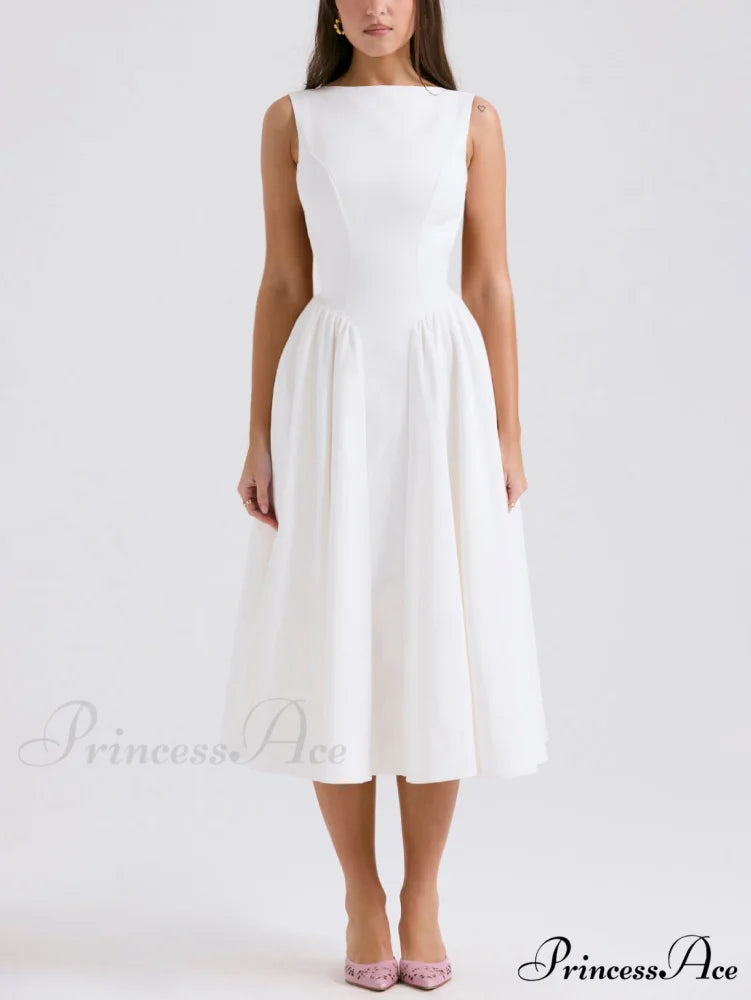 Stylish And Elegant Solid Color Trendy Round Neck Backless Sleeveless Midi Dress