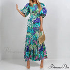 Stylish Azure Floral Lantern Sleeve Dress
