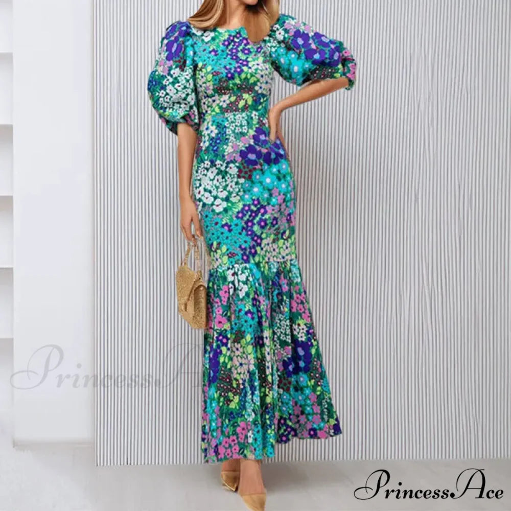 Stylish Azure Floral Lantern Sleeve Dress