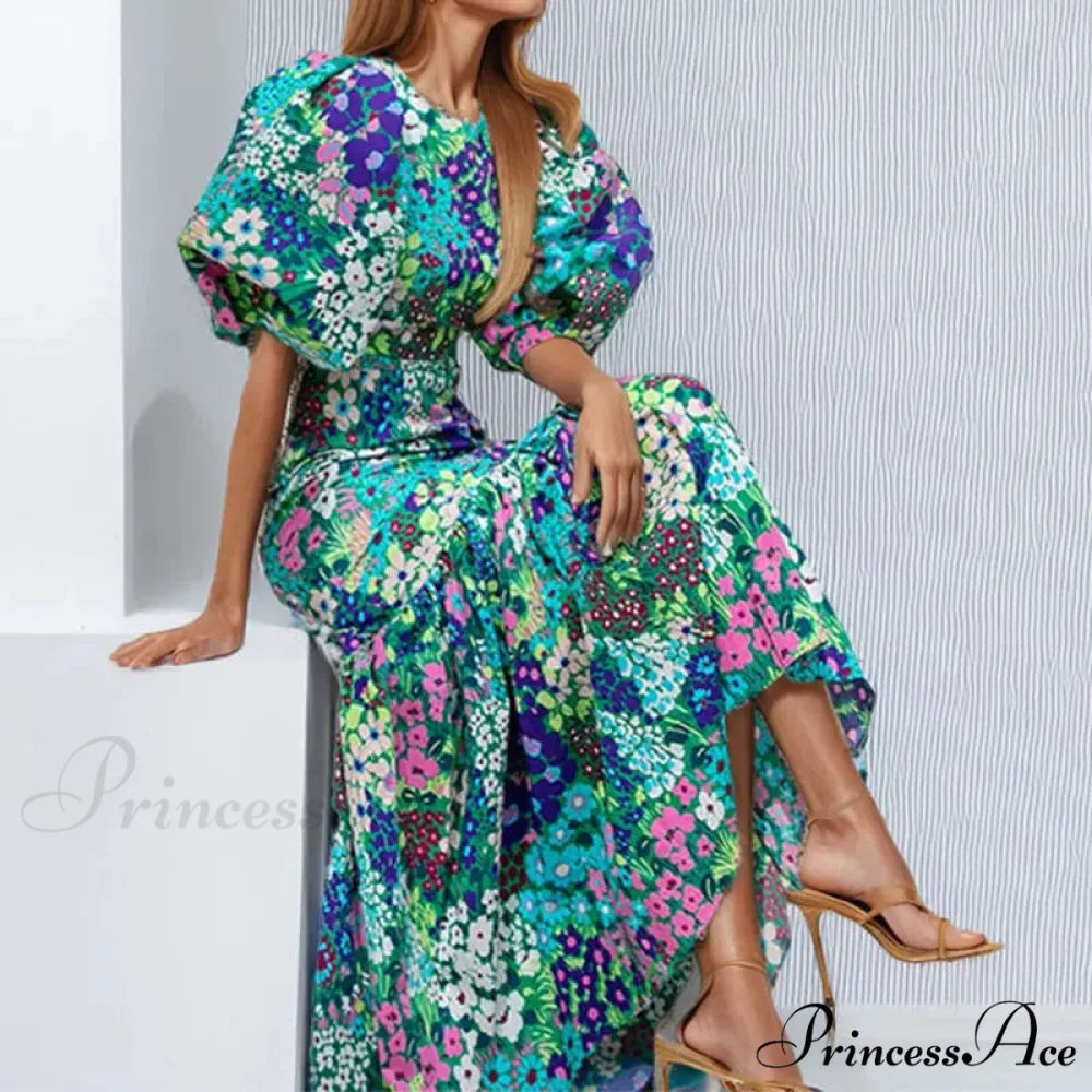 Stylish Azure Floral Lantern Sleeve Dress