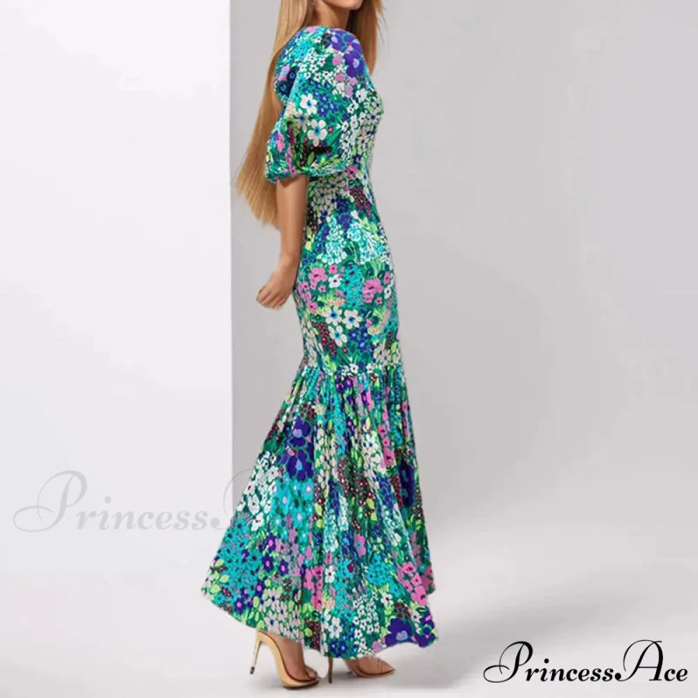 Stylish Azure Floral Lantern Sleeve Dress