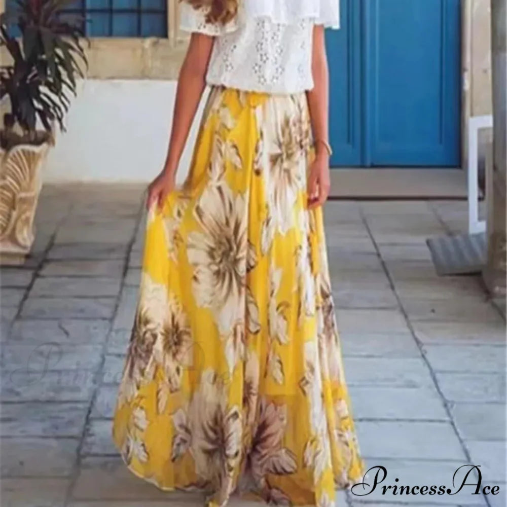 Stylish Bohemian Chiffon Floral Long Elevated Waist Pleated Skirt
