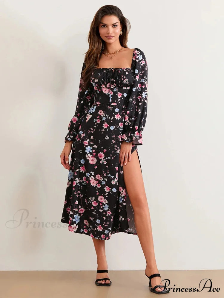 Stylish Botanical Midi Puff Sleeve Square Neck Floral Dress
