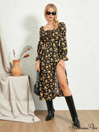 Stylish Botanical Midi Puff Sleeve Square Neck Floral Dress