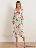 Stylish Botanical Midi Puff Sleeve Square Neck Floral Dress