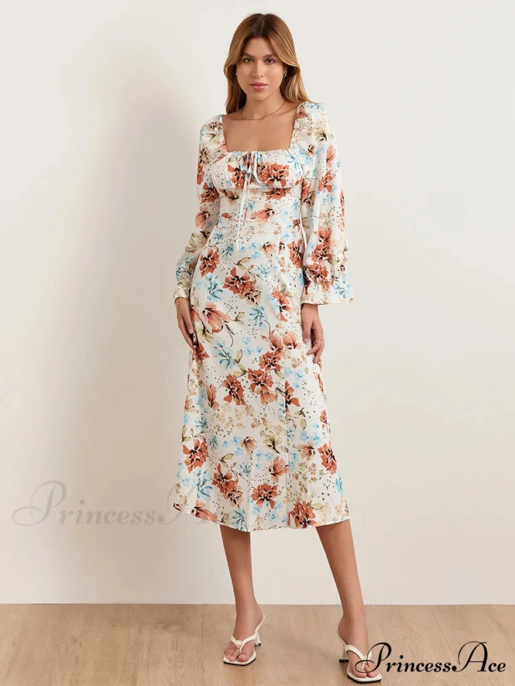 Stylish Botanical Midi Puff Sleeve Square Neck Floral Dress