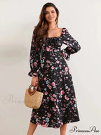 Stylish Botanical Midi Puff Sleeve Square Neck Floral Dress