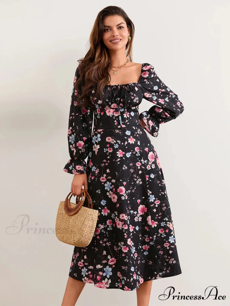 Stylish Botanical Midi Puff Sleeve Square Neck Floral Dress