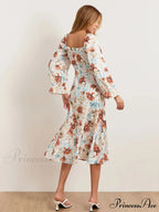 Stylish Botanical Midi Puff Sleeve Square Neck Floral Dress