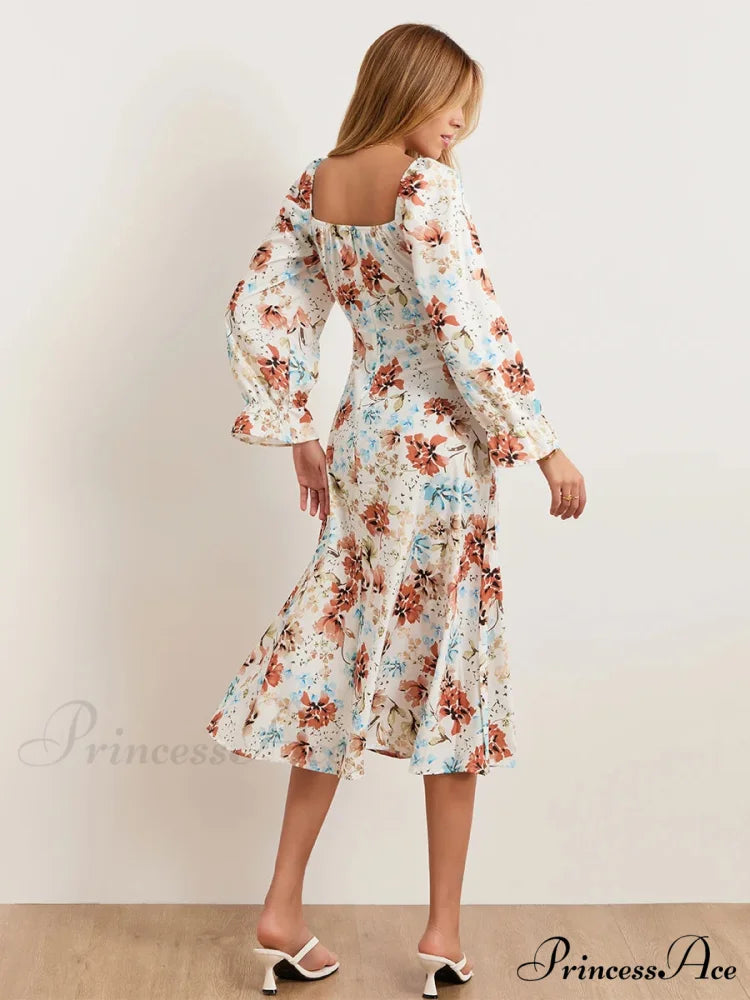 Stylish Botanical Midi Puff Sleeve Square Neck Floral Dress