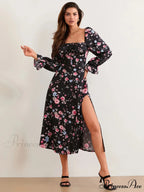 Stylish Botanical Midi Puff Sleeve Square Neck Floral Dress