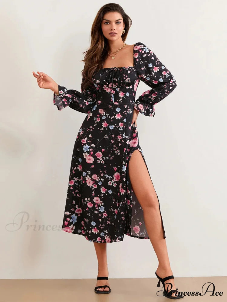 Stylish Botanical Midi Puff Sleeve Square Neck Floral Dress