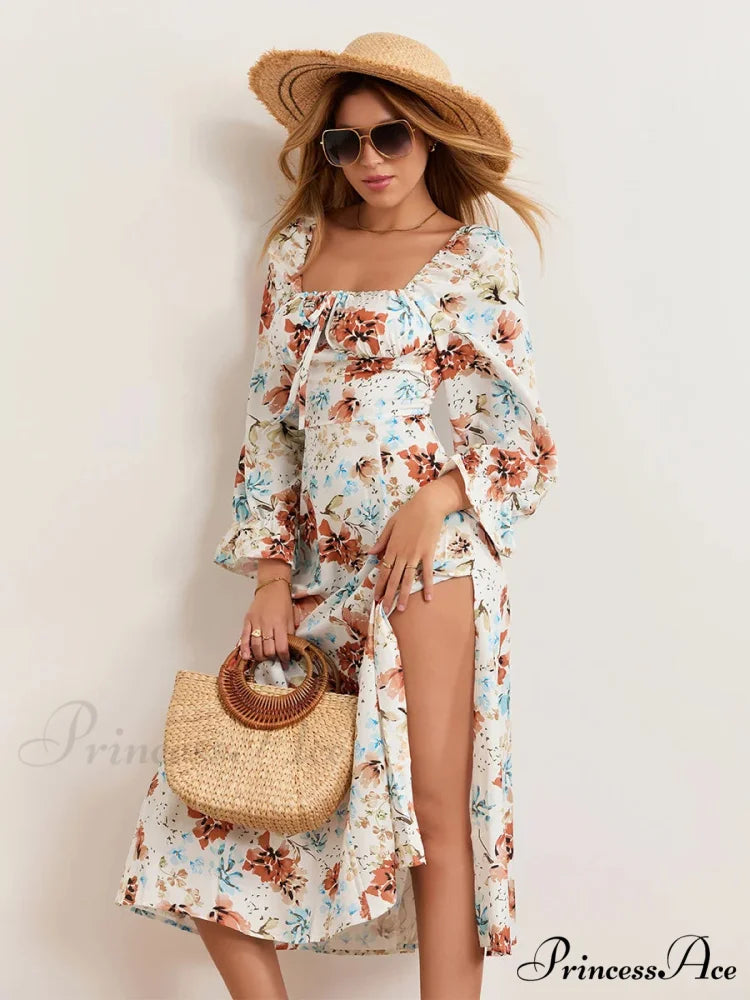 Stylish Botanical Midi Puff Sleeve Square Neck Floral Dress