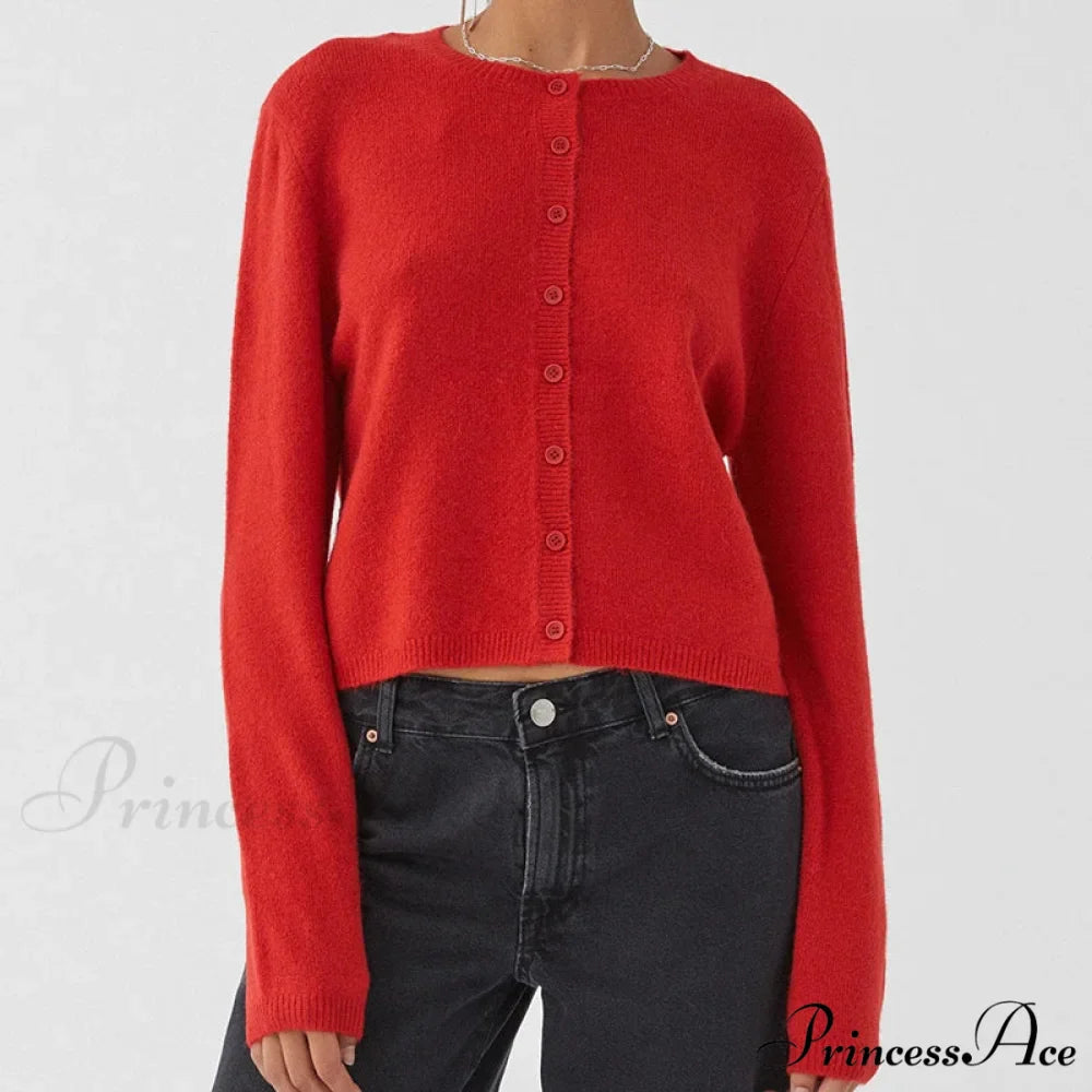 Stylish Crew Neck Button Up Front Cardigan