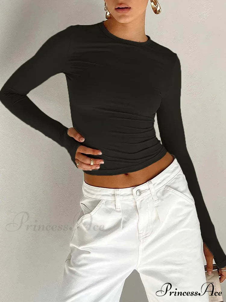 Stylish Crew Neck Trim Fit Extended Sleeve Knit Top with Thumb Holes