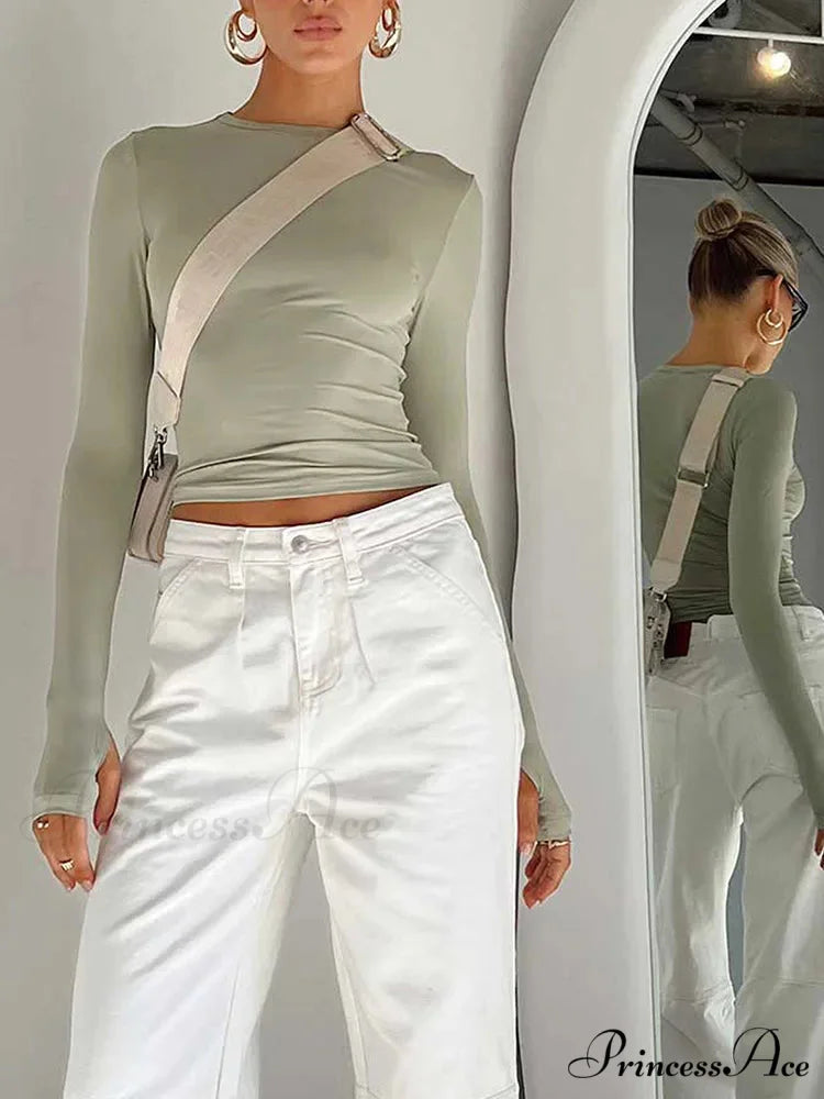 Stylish Crew Neck Trim Fit Extended Sleeve Knit Top with Thumb Holes