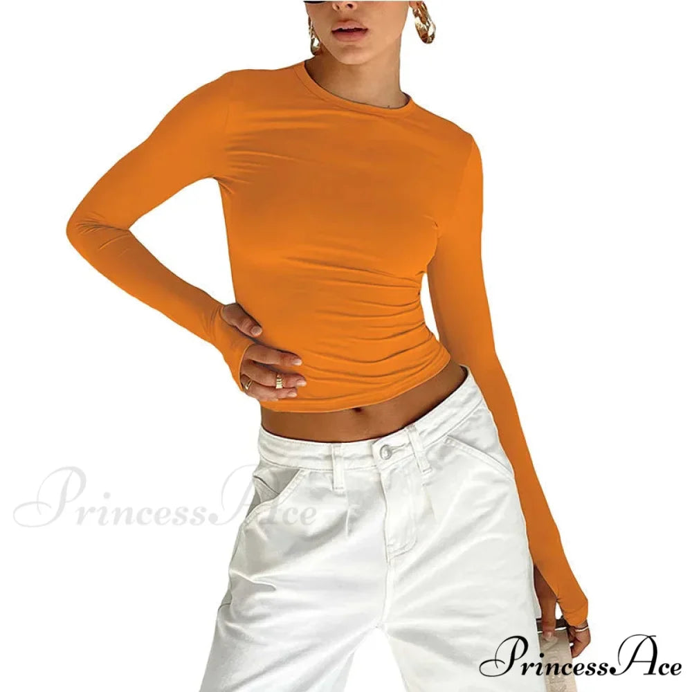Stylish Crew Neck Trim Fit Extended Sleeve Knit Top with Thumb Holes