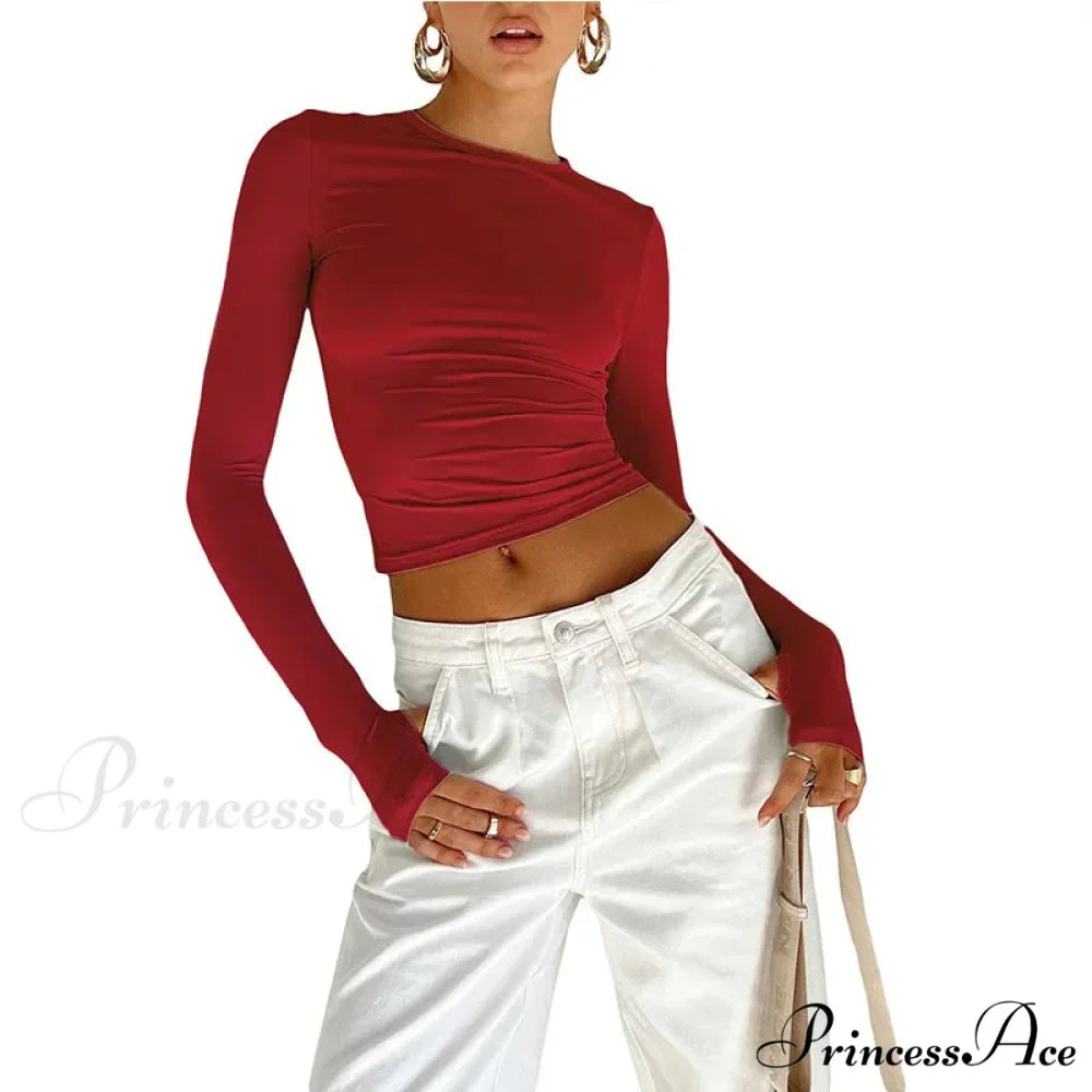 Stylish Crew Neck Trim Fit Extended Sleeve Knit Top with Thumb Holes