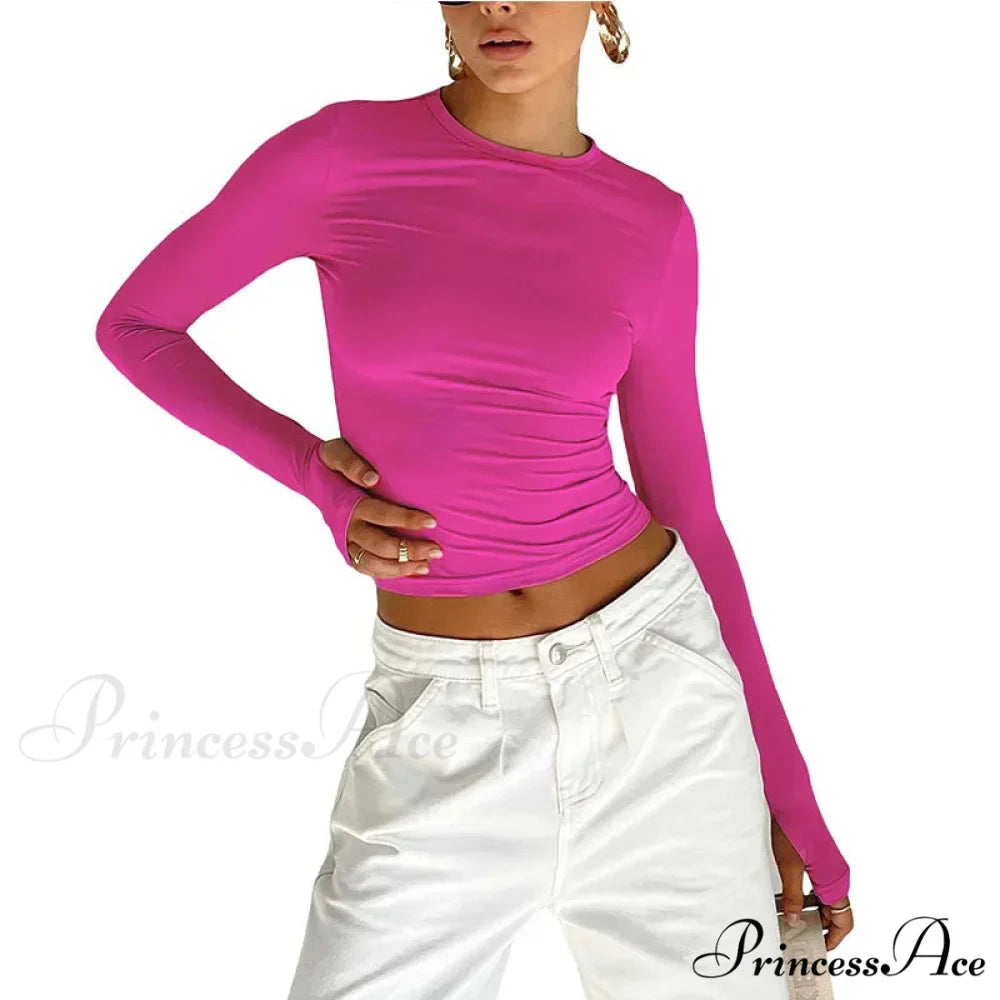Stylish Crew Neck Trim Fit Extended Sleeve Knit Top with Thumb Holes