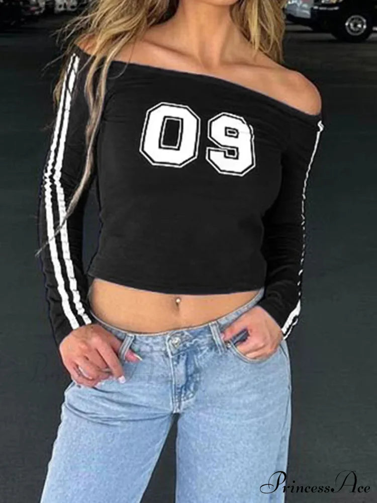 Stylish Elegant Number Printed Soccer Jersey Slim Slash Neck Knit Top