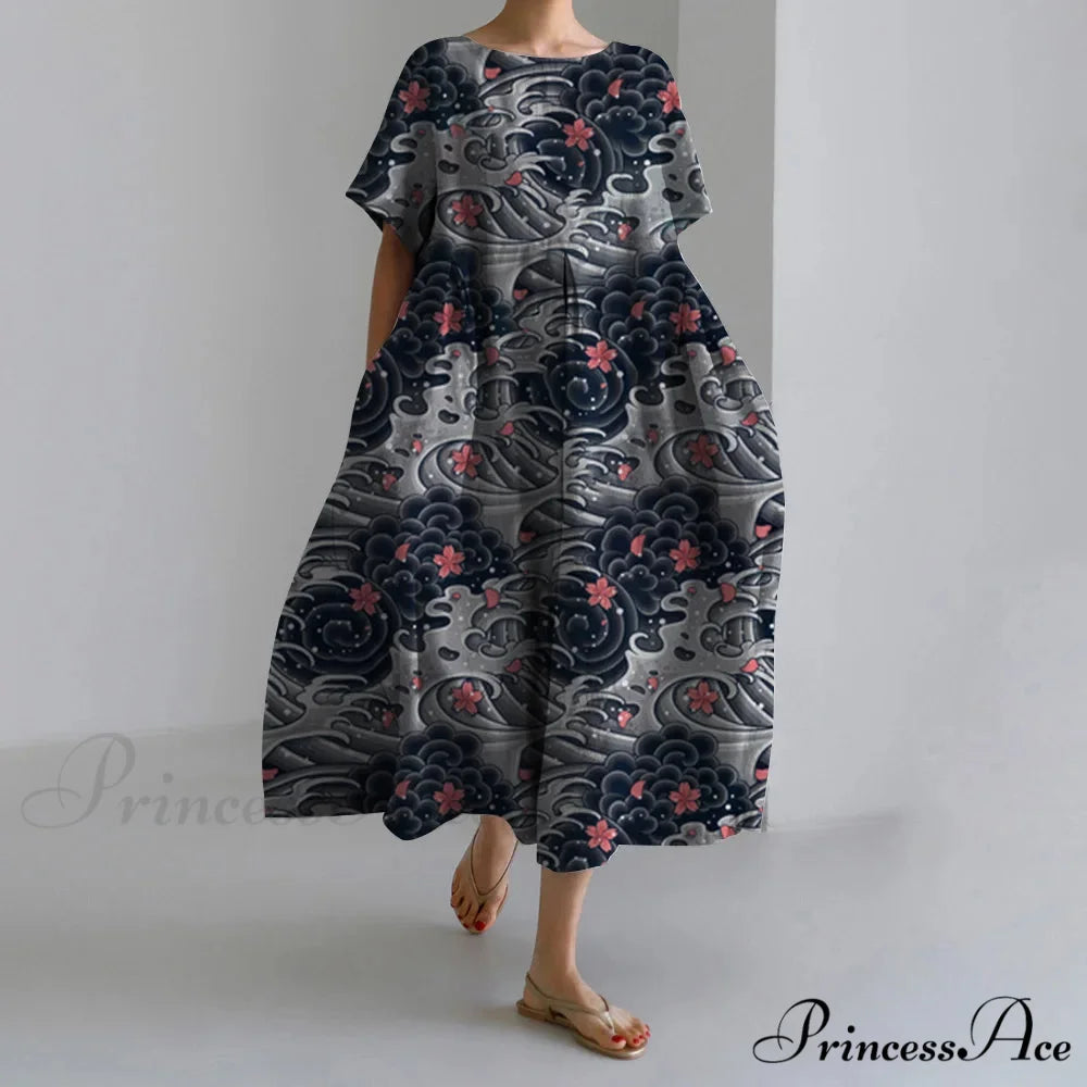 Stylish Fall Vintage Flower Pattern Circular Neck Evening Gown