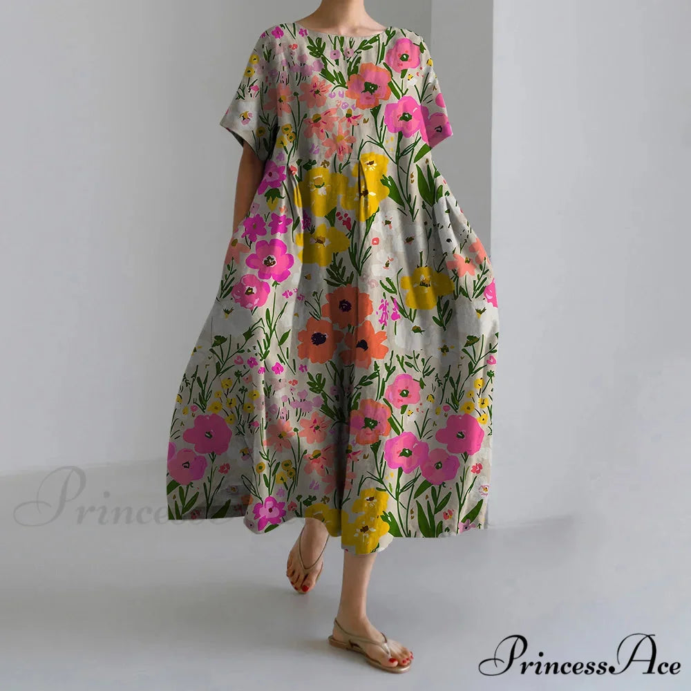 Stylish Fall Vintage Flower Pattern Circular Neck Evening Gown