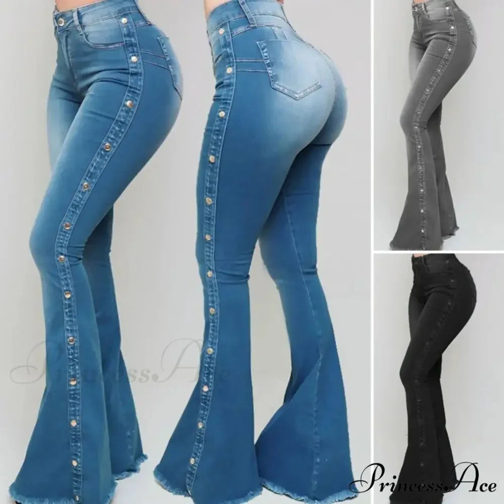 Stylish Flare Control Tummy Skin-Touch Skinny Women Wide Leg Flare Denim Trousers Jeans