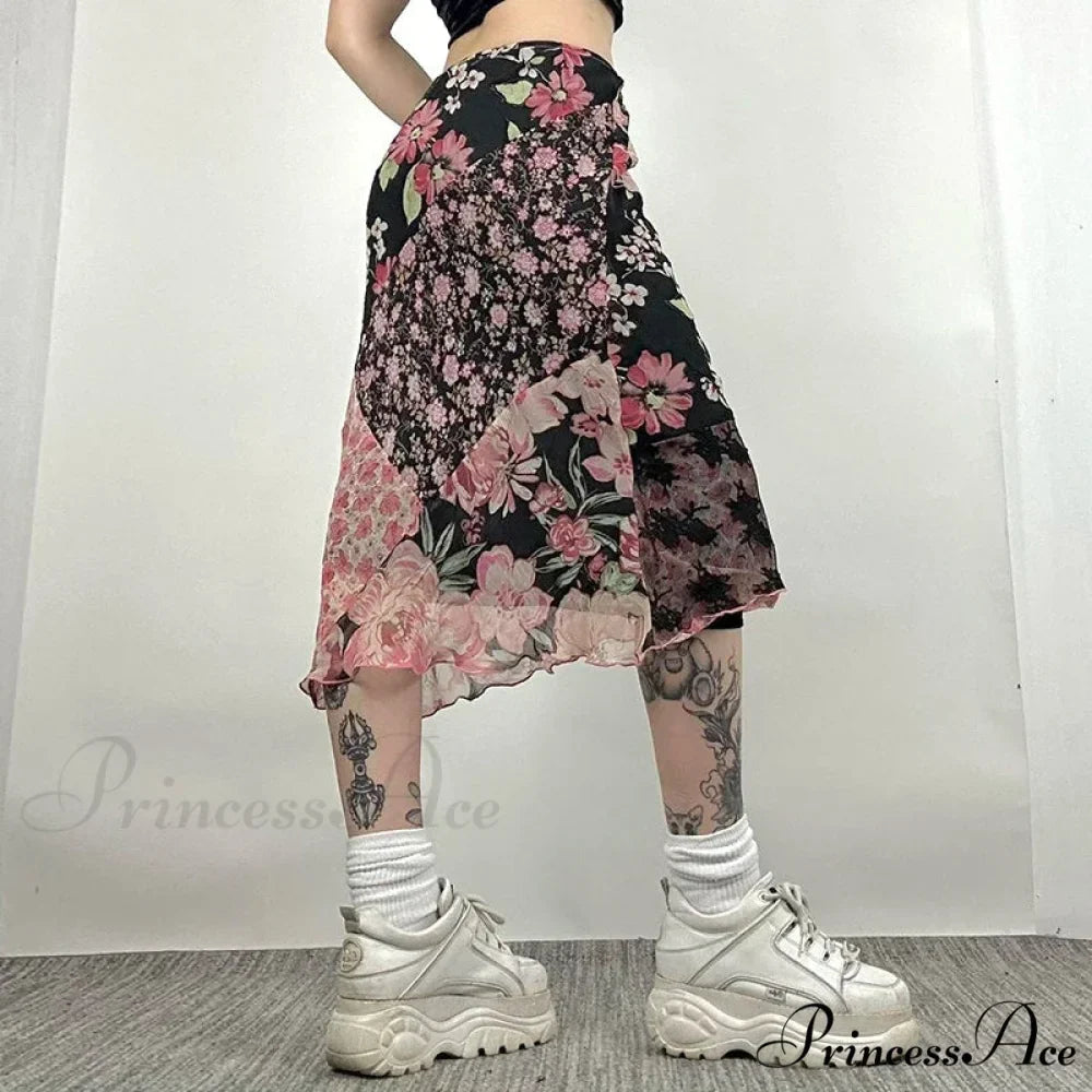 Stylish Flower Pattern Low Cut Patchwork Skirt