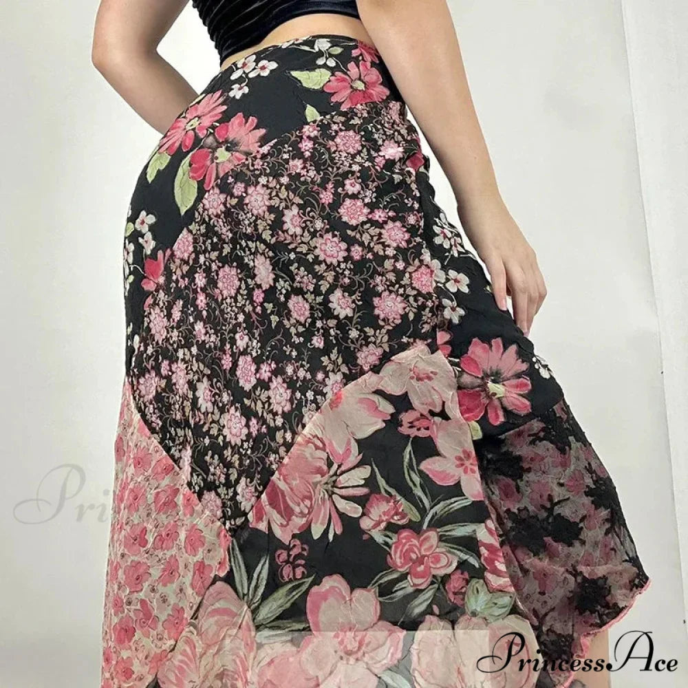 Stylish Flower Pattern Low Cut Patchwork Skirt
