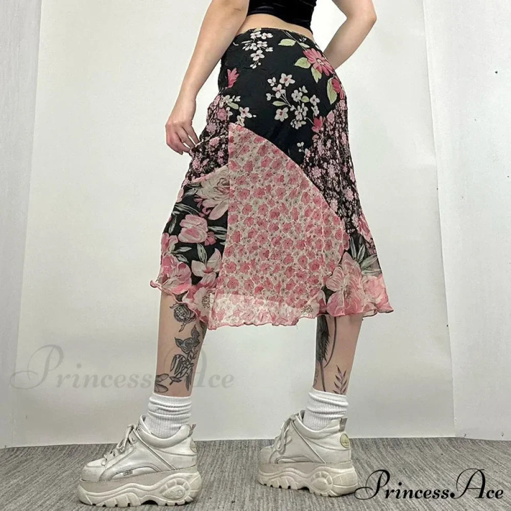 Stylish Flower Pattern Low Cut Patchwork Skirt