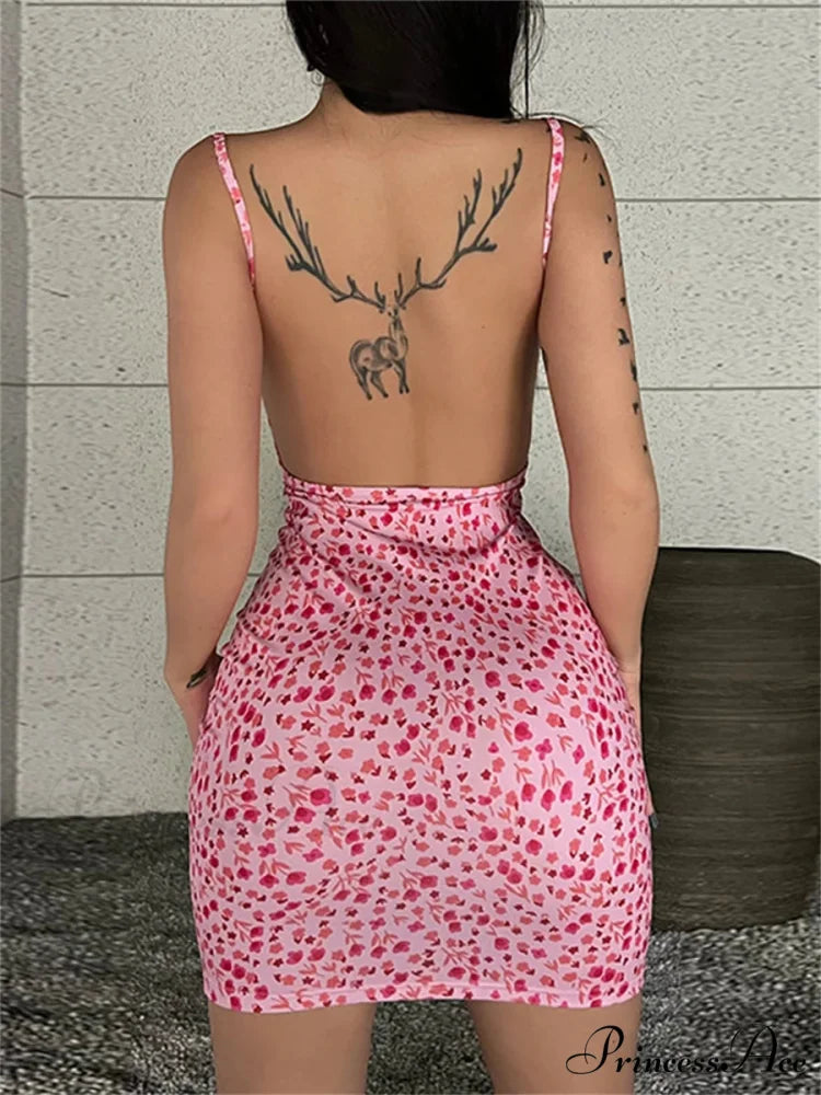 Stylish Flower Pattern Open-Back Sling Mini Suspender Wrap Bodycon Party Dress