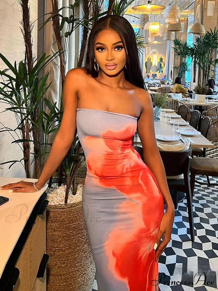 Stylish Flower Strapless Midi Split Backless Dress